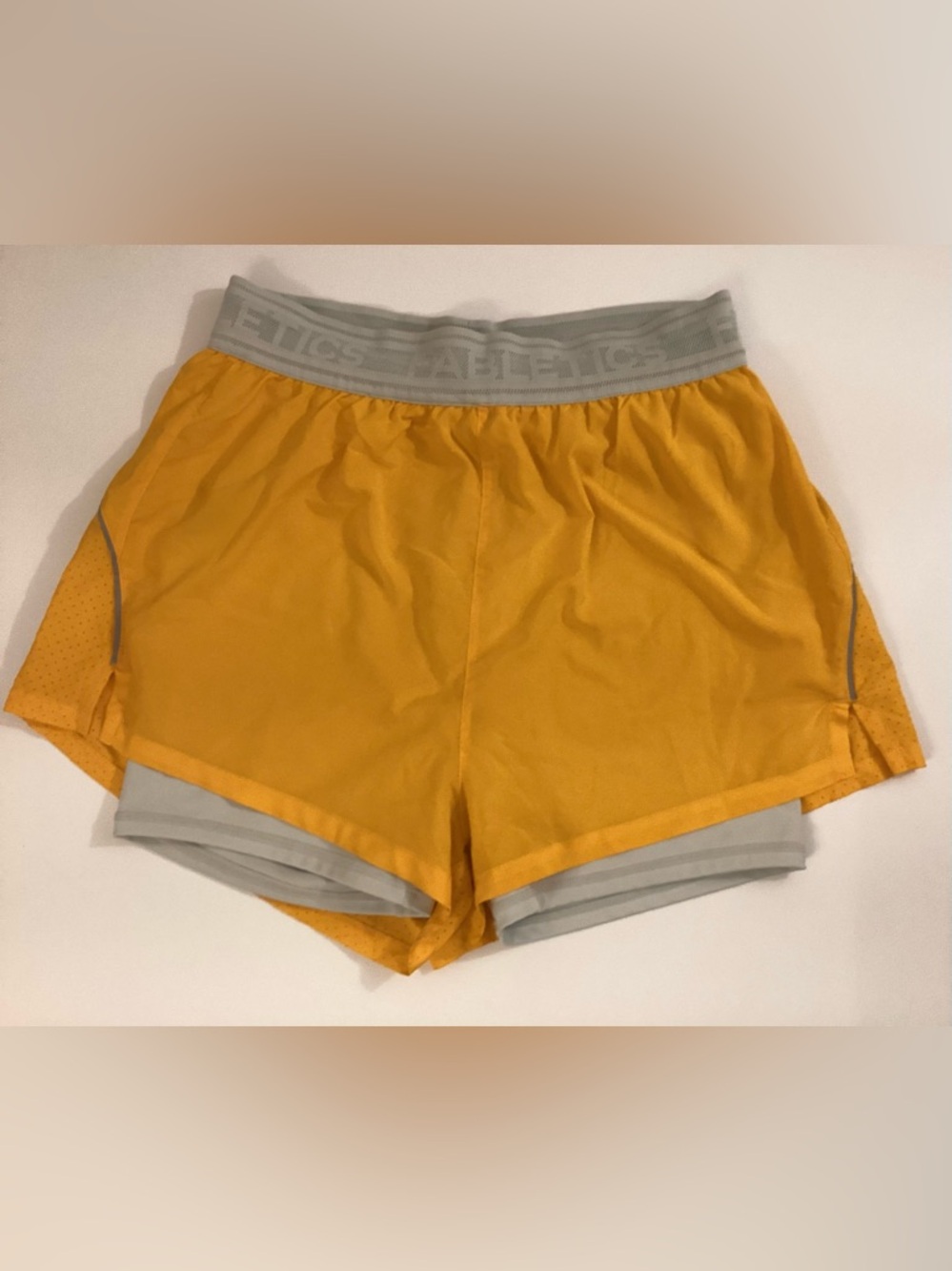Fabletics Golden Yellow Athletic Shorts with Gray Trim